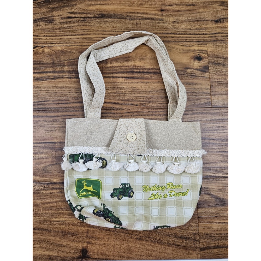 Grandma Core John Deere‎ Tractor Purse Fringe Bag Handmade Pockets Inside Cream